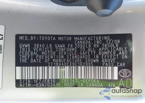 2009 Toyota Corolla Le из США, поврежденный, VIN 2T1BU40EX9C162995